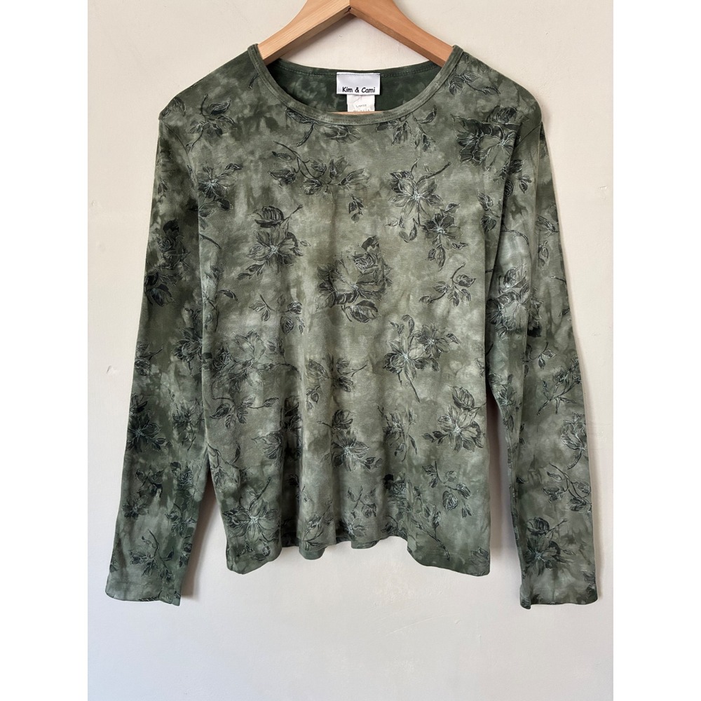 Kim & Cami VTG Green Floral Tie Dye Long Sleeve Cotton Top L Made in USA Grunge